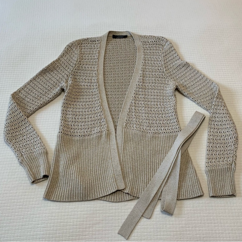 Elie Tahari crocheted cream and gold open sweater